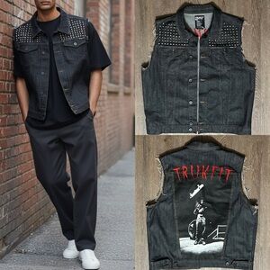 Trukfit Vest Mens Studded Denim Jean Cutoff Embroidered Skate Lil Wayne Size 2XL